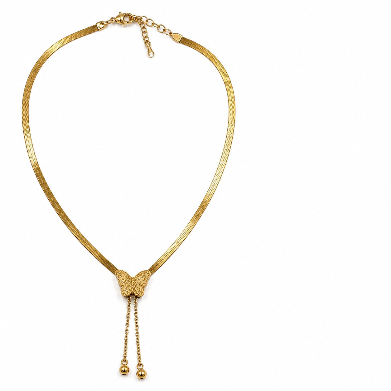A gold snake chain choker necklace featuring a textured butterfly pendant at the center, with two dangling chain tails ending in small gold beads, shown on a plain white background.