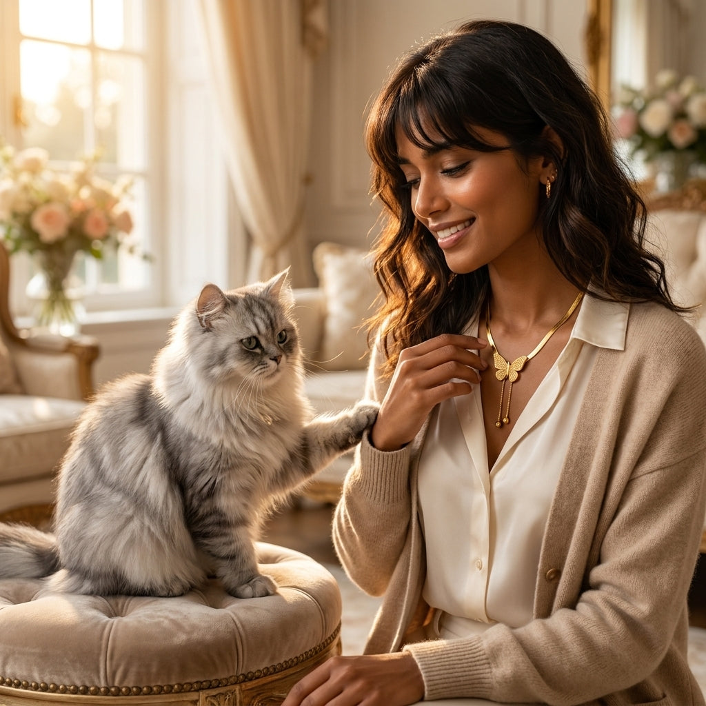 A woman in a beige cardigan and white blouse smiles while petting a fluffy silver-gray cat sitting on a round velvet ottoman in a bright, elegant living room.