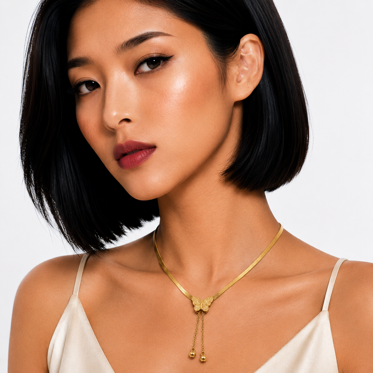 A close-up of a woman with a short black bob hairstyle wearing a delicate gold necklace with a butterfly pendant and dangling chains, paired with a cream-colored camisole top against a light gray background.