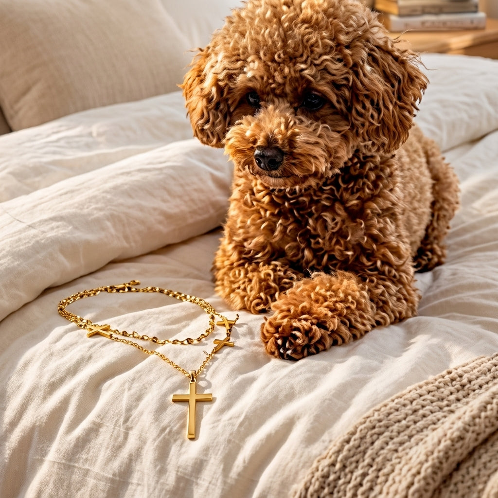 A small curly-haired brown dog sits on a cream-colored bed next to a gold chain necklace with a cross pendant.