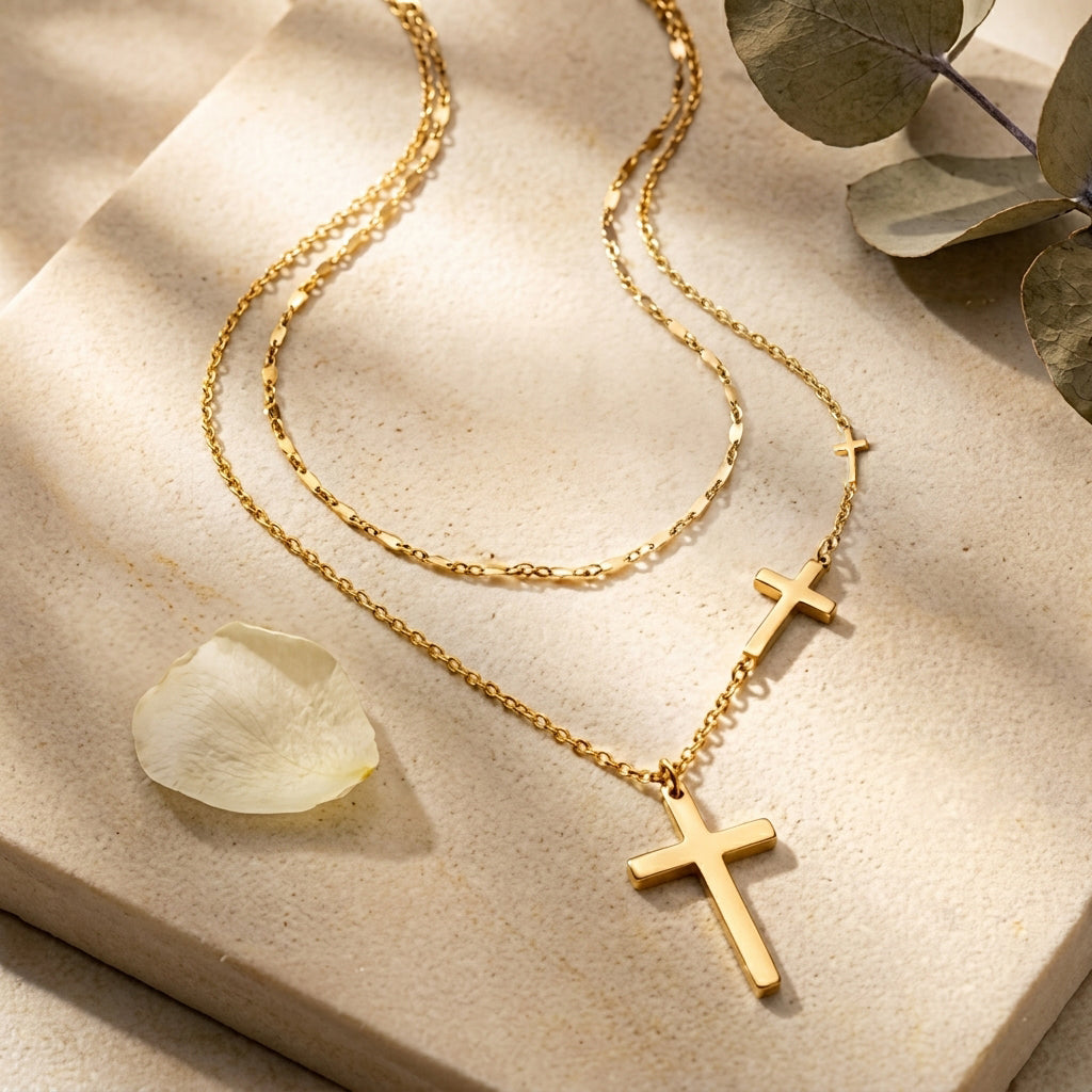 A gold cross necklace with a delicate chain and a polished cross pendant, styled on a textured beige stone slab with a white petal and eucalyptus leaves.