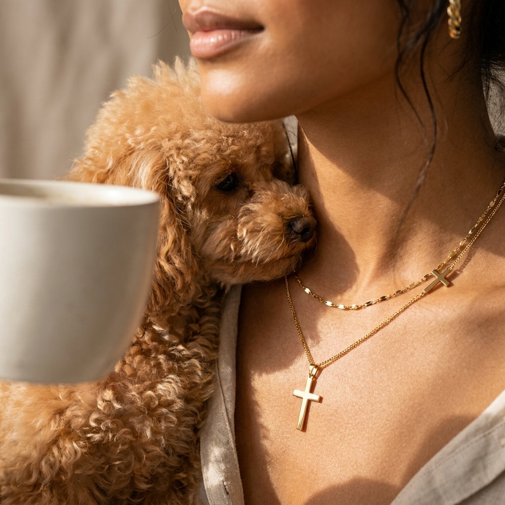 A close-up lifestyle shot of a woman wearing gold cross necklaces, with a small curly-haired brown dog resting against her shoulder and a white mug partially visible on the left.