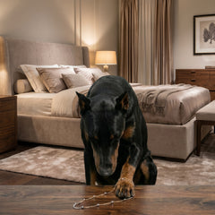 A black and tan Doberman dog sits on a wooden floor in a modern beige bedroom, reaching for a silver beaded necklace draped across the floor. The background features a large bed with beige bedding, a lit table lamp, and warm curtains.