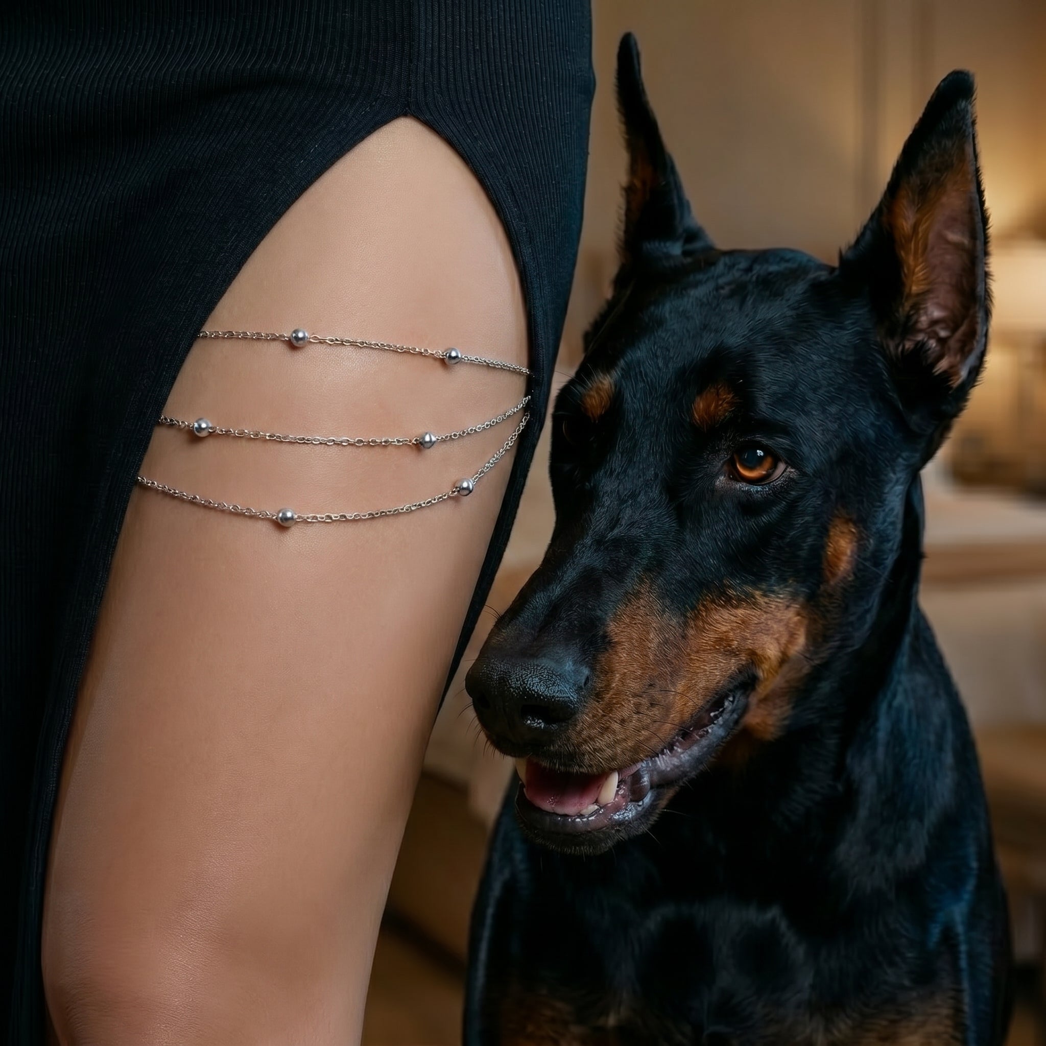 A close-up lifestyle shot of a person's thigh wearing three delicate silver chain leg bracelets with small bead details, next to a black and tan Doberman dog.