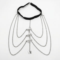 A silver-tone chain choker necklace with multiple draped chains, butterfly charms, and a small dangling wing charm, displayed on a clean white background.