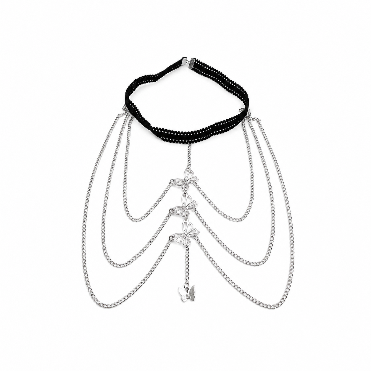 A black beaded choker necklace with multiple draped silver chains and butterfly charms, displayed on a clean white background.