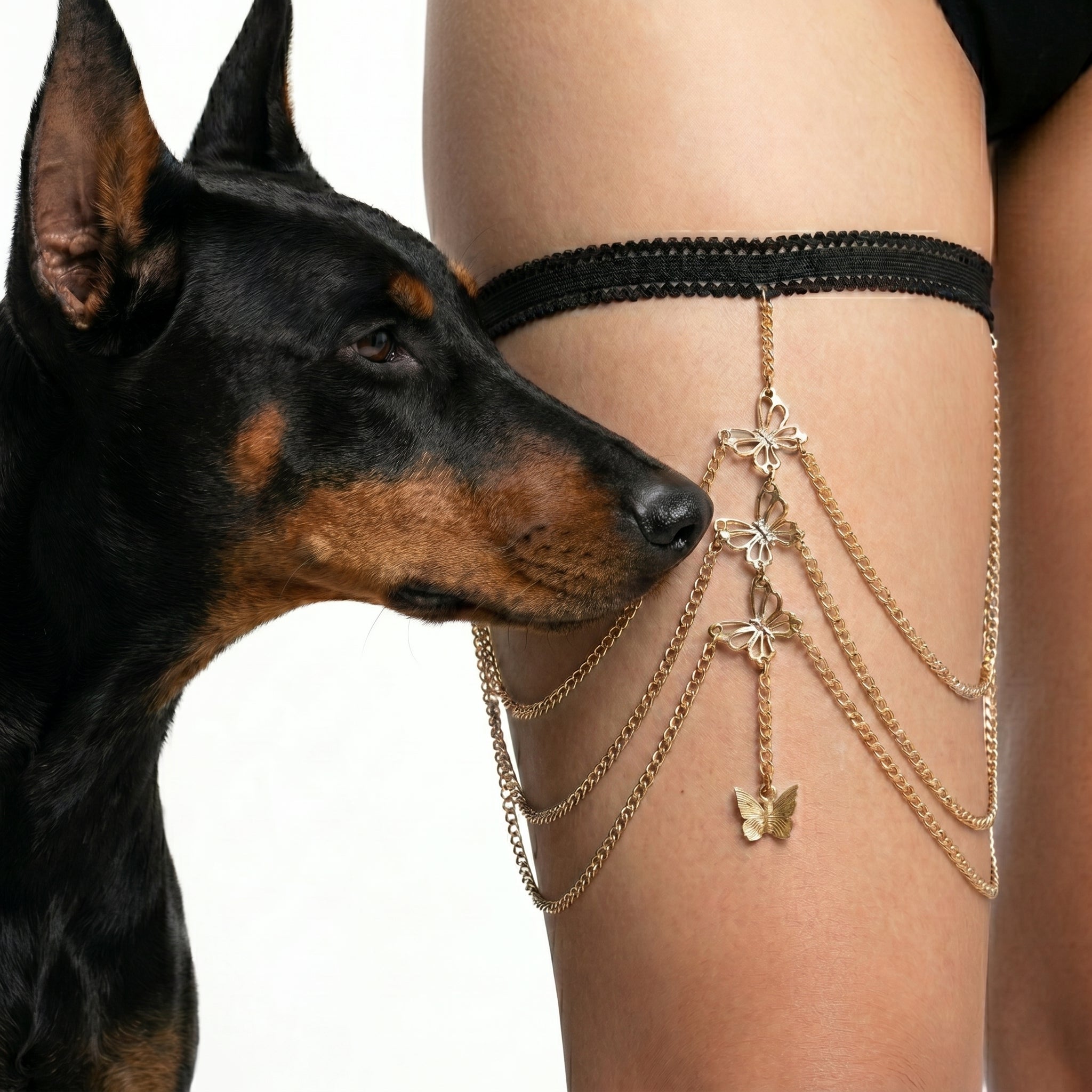 A black lace and gold chain leg strap with butterfly and flower charms worn on a person's thigh, with a black-and-tan dog looking at it from the side against a white background.