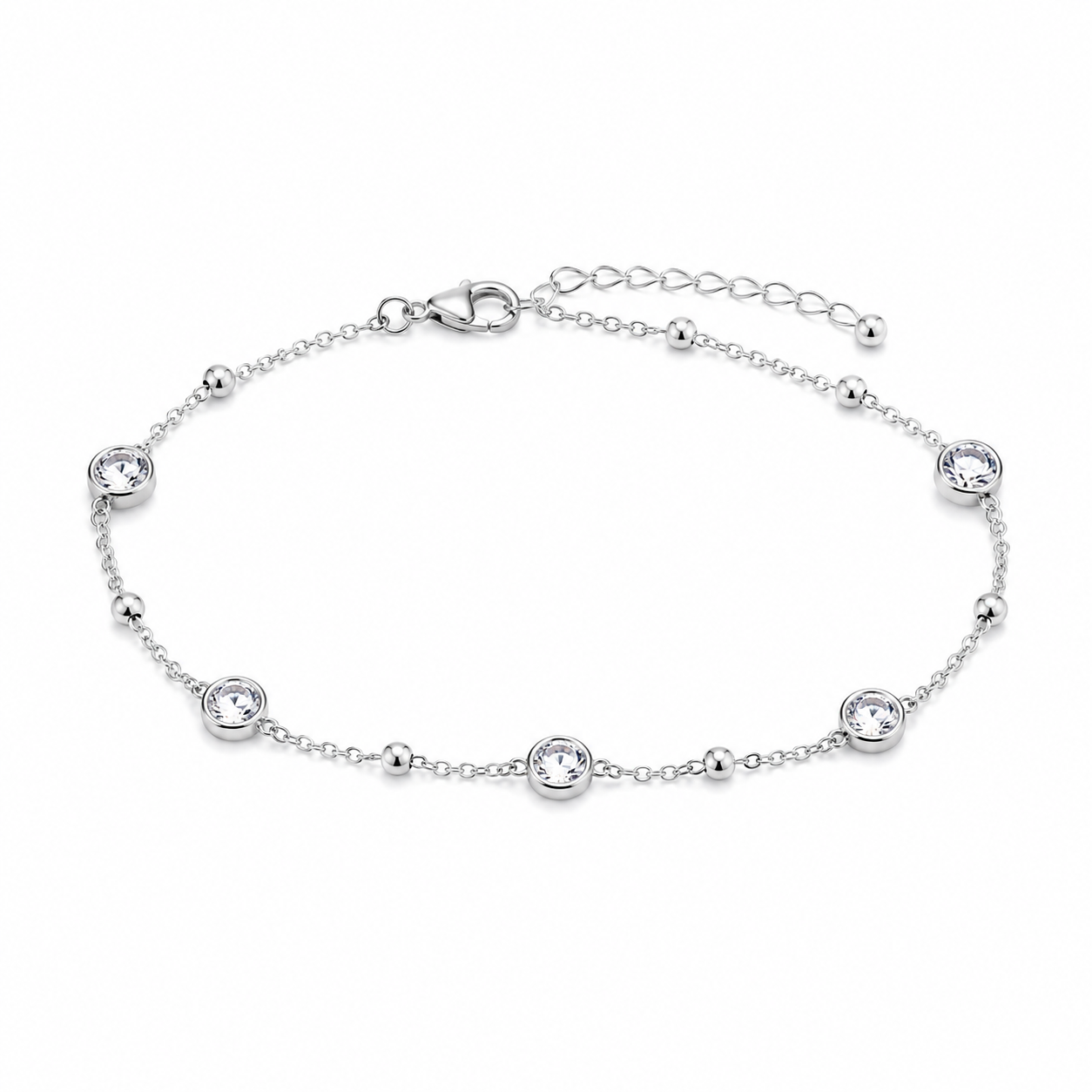 A delicate silver chain bracelet with five bezel-set clear round stones and small polished silver beads, displayed on a clean white background.
