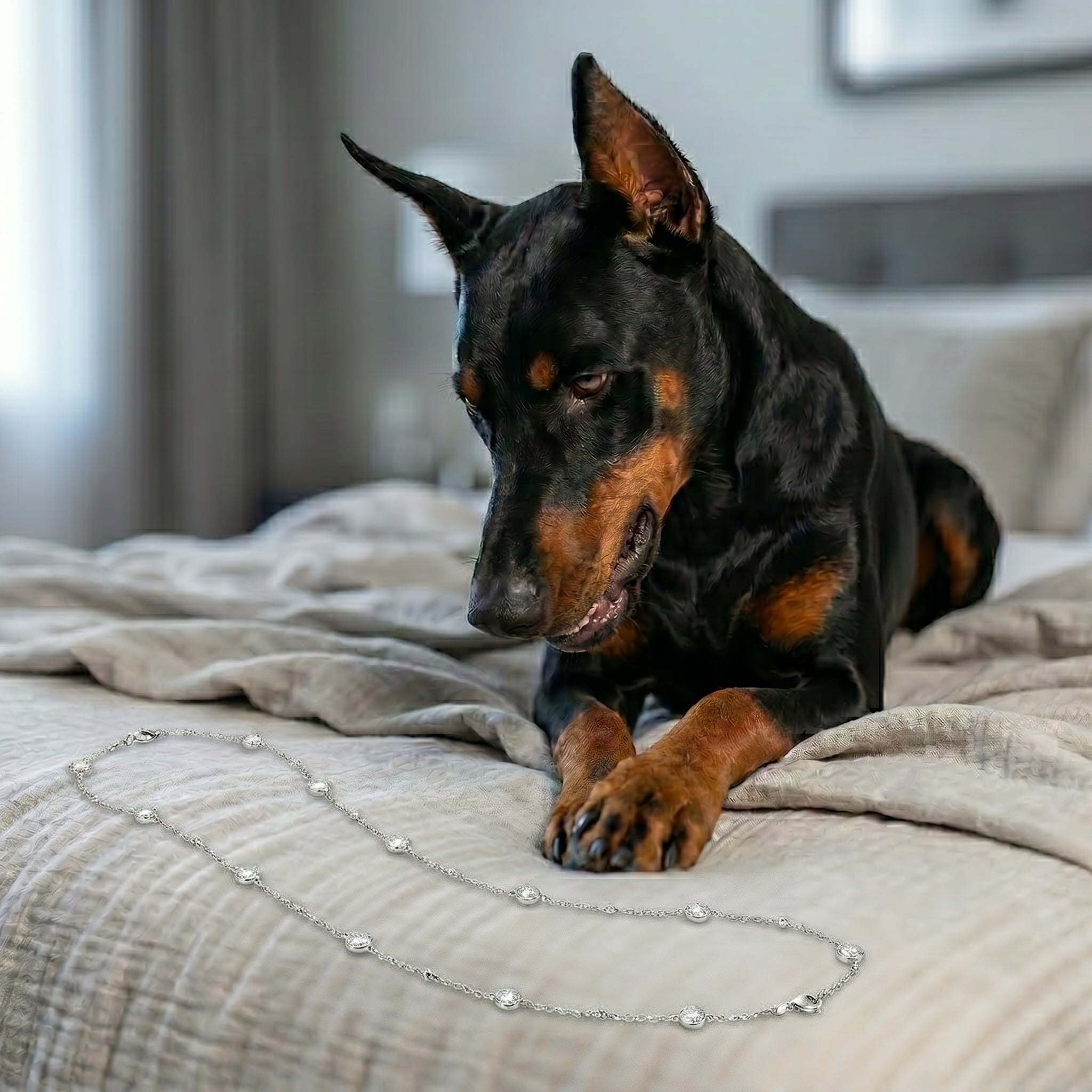 A silver beaded chain necklace with small round beads and a central larger bead lies on a beige bed, with a black and tan dog looking down at it in a bedroom setting.