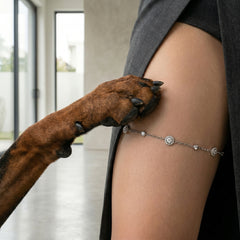 A close-up lifestyle shot of a delicate silver chain leg strap adorned with small round crystal charms, worn on a person's thigh and gently held by a brown dog's paw.