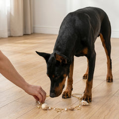 A black and tan dog on a light wood floor sniffing a decorative shell and starfish necklace while a person's hand adjusts it on the floor.