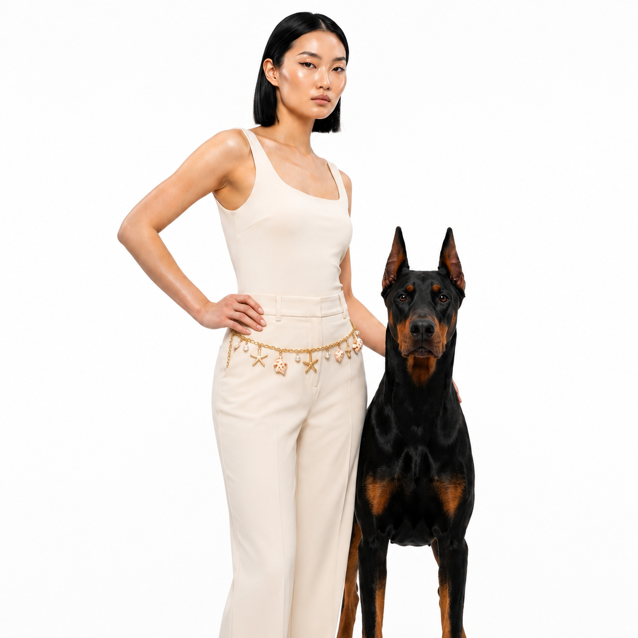 A woman modeling a cream-colored sleeveless jumpsuit with gold star embellishments at the waist, standing next to a black and tan Doberman dog on a solid white background.