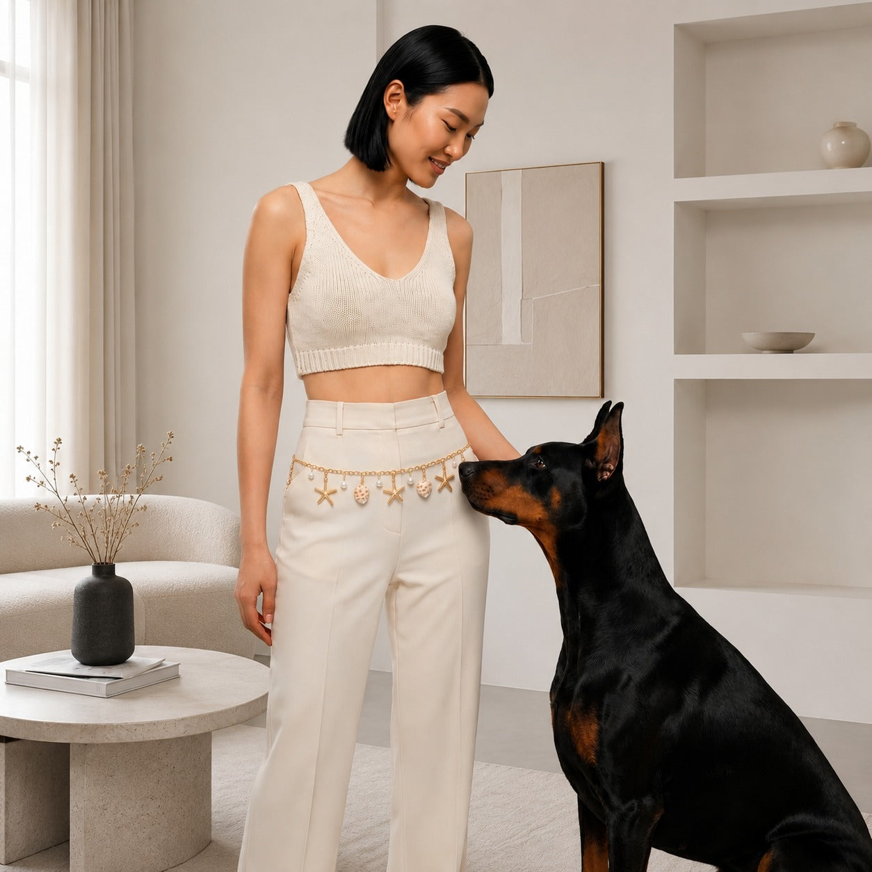 A woman wearing a cream ribbed knit crop top and matching cream wide-leg trousers with a gold star-patterned belt stands in a bright, modern room next to a black and tan Doberman dog.