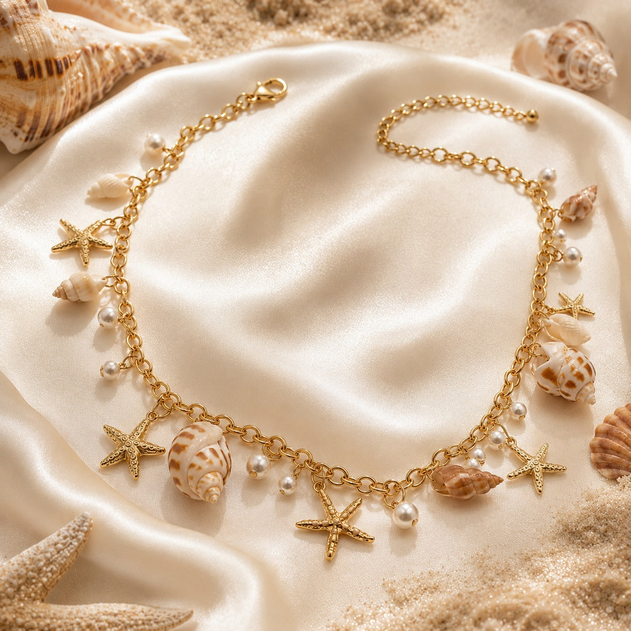 A gold-tone chain necklace styled with starfish, seashells, and small pearl beads, arranged on draped cream satin fabric with sand and seashells around it.