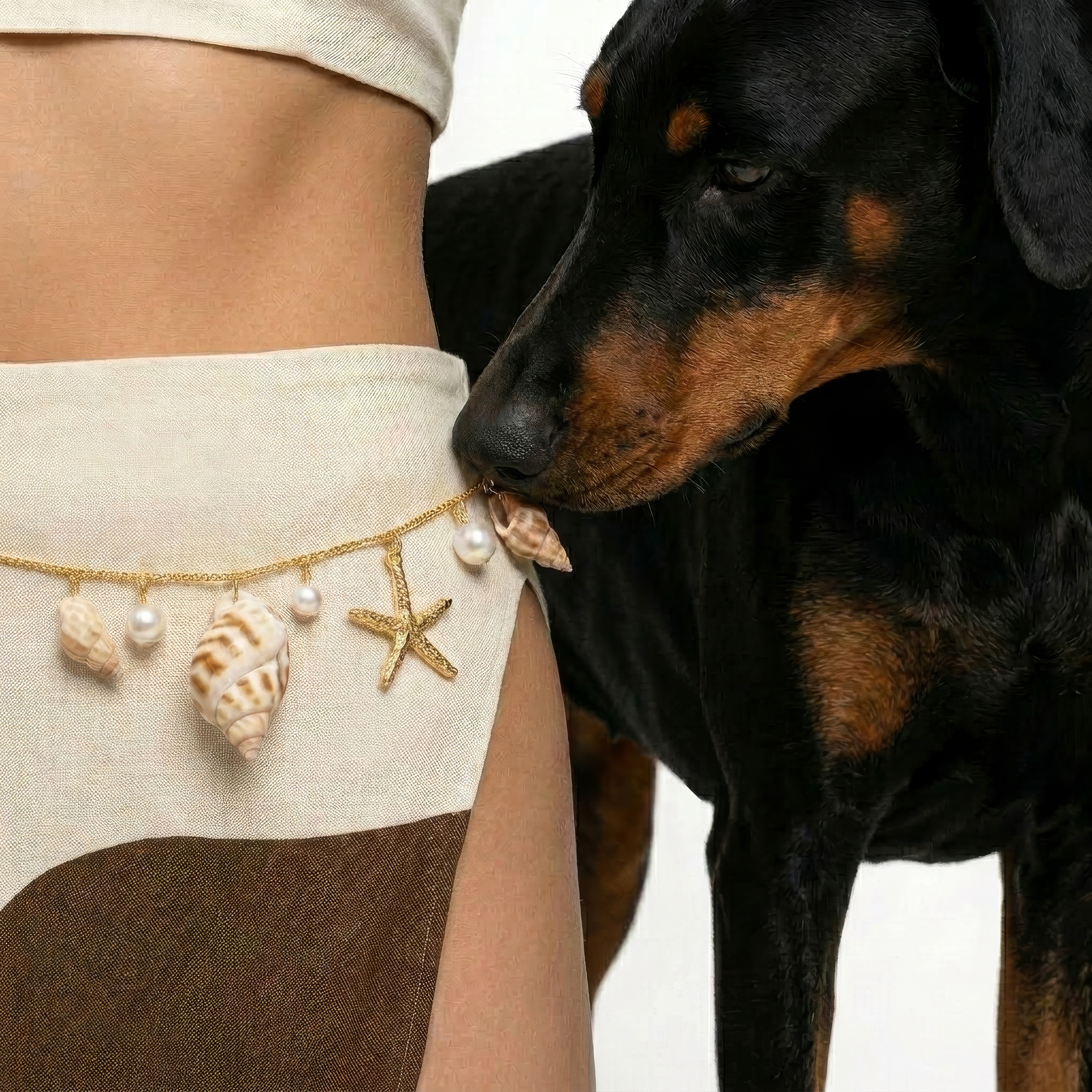 A close-up lifestyle shot of a model's hip wearing a gold chain belt decorated with seashells and a starfish, with a black and tan Rottweiler dog sniffing the belt against a white background.