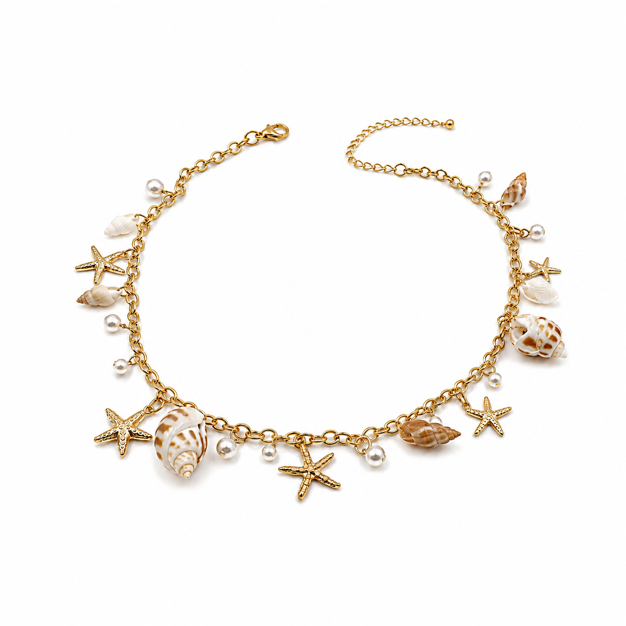 A gold-tone chain necklace with seashell and starfish charms, displayed on a clean white background.