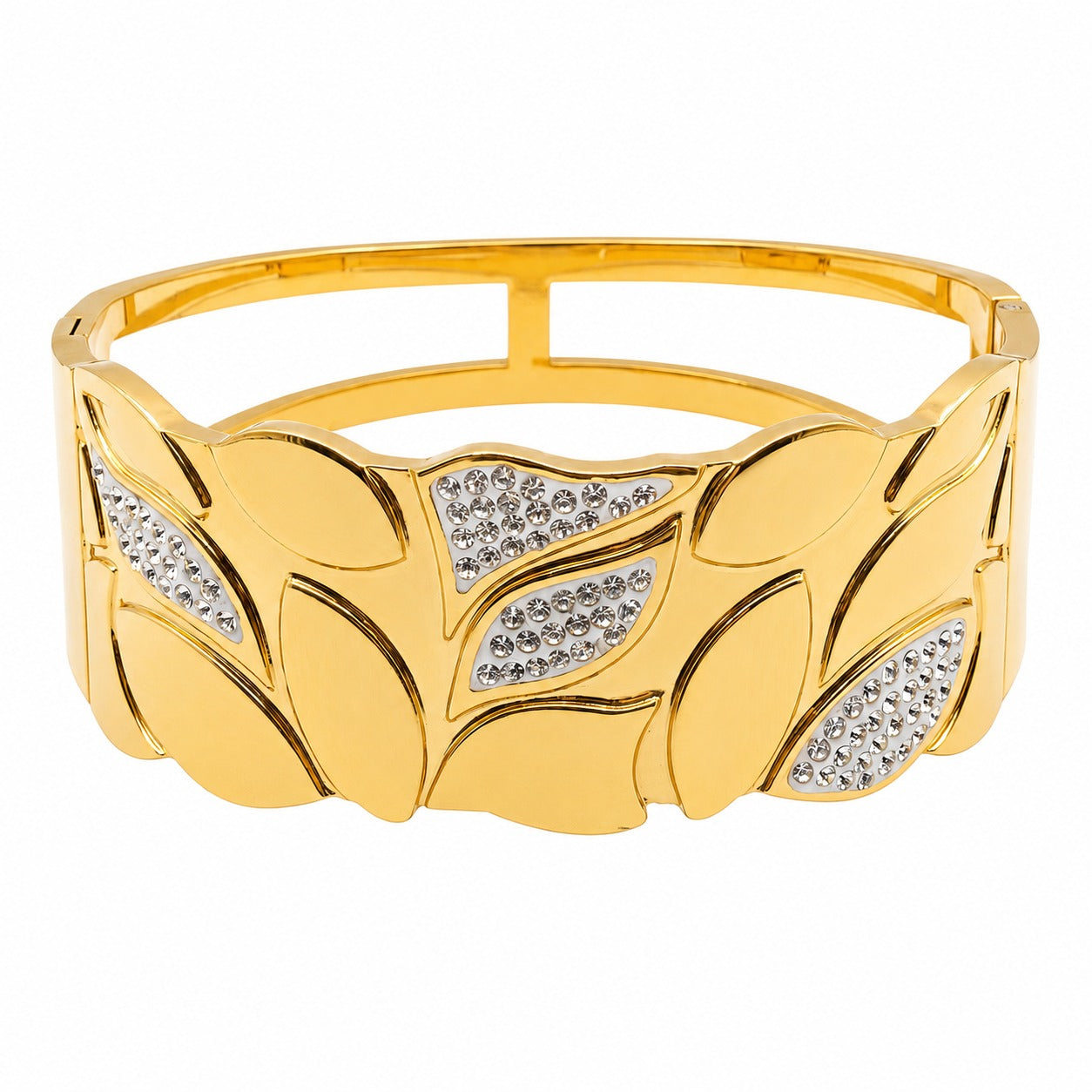 A wide gold bangle bracelet with a leaf pattern, featuring small clear crystal accents in the center of each leaf, shown on a plain white background.